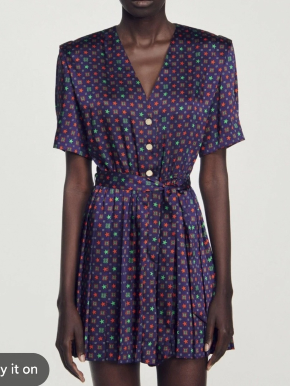 Sandro Paris Indigo Blue Print Belted Printed Short Romper Playsuit EU 36 / US 4